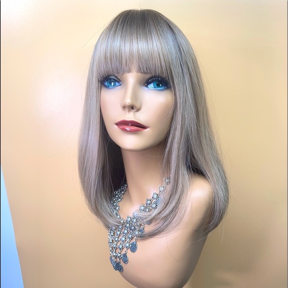 6082-16”Ombre Dark Brown Root to Ash Blond Curved Bottom Wig - Picture 2 of 11